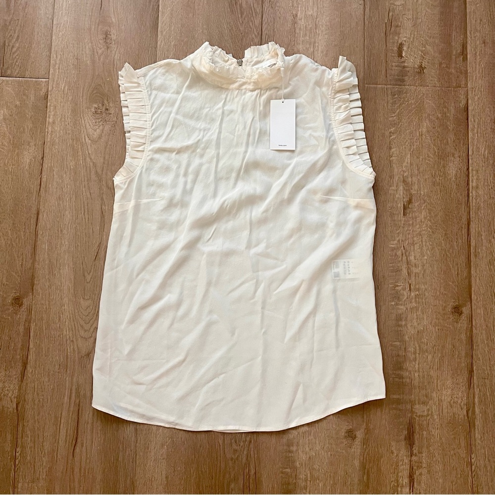 BOSS Hugo Boss Women’s White Silk Top Tank Blouse Ruffles Neck & Sleeve NWT Sz 6